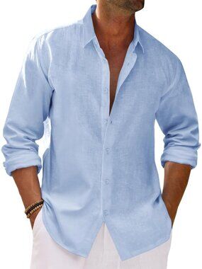 Men's Sky Blue Button Down Cotton Linen Long Sleeve Casual Collared Beach Shirt